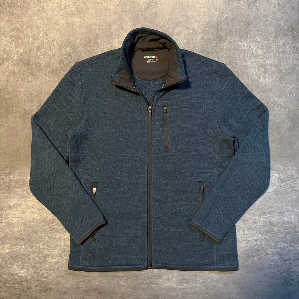 UNTUCKit Mens Medium Blue Full Zip Fleece Sweater Jacket Mock Neck Heathered
